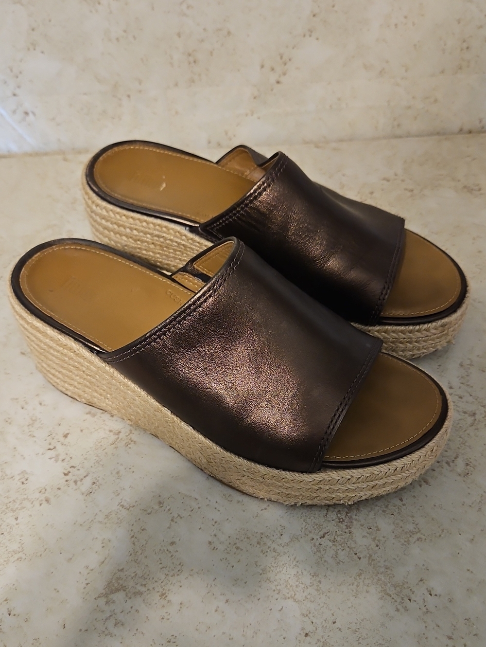 Fitflop Metallic Brown Wedge Espadrille Slides
